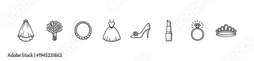 Wedding accessories hand drawn icons set on white background with bride and groom items