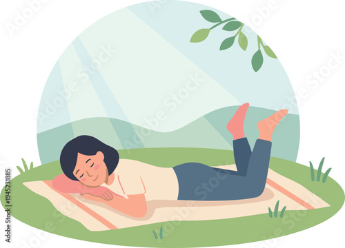 Woman lies on picnic blanket in a serene natural landscape with grass hills.