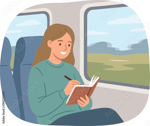 A woman sits on a train writing in her journal by the window.