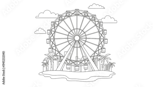Ferris Wheel Line Art Illustration Tropical Island Summer Vacation Travel Amusement Park Fun Kids Coloring Page
