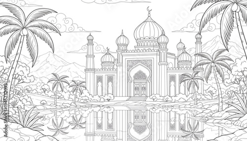 Islamic Mosque Coloring Page with Domes Minarets and Palm Trees Outline Illustration for Ramadan and Eid Kids Activity
