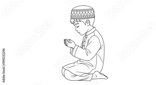 Young Muslim Boy Praying Devotionally, Islamic Faith, Spiritual Childhood, Peaceful Prayer, Religious Education, Family Values,