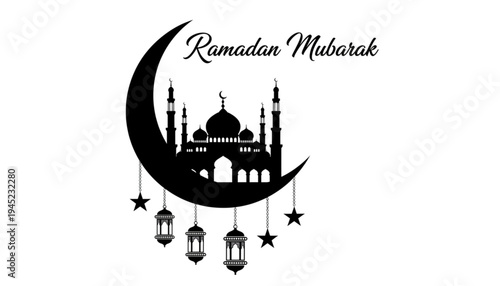 Islamic Ramadan Mubarak Greeting Design with Mosque Silhouette Moon Lanterns and Stars for Celebration