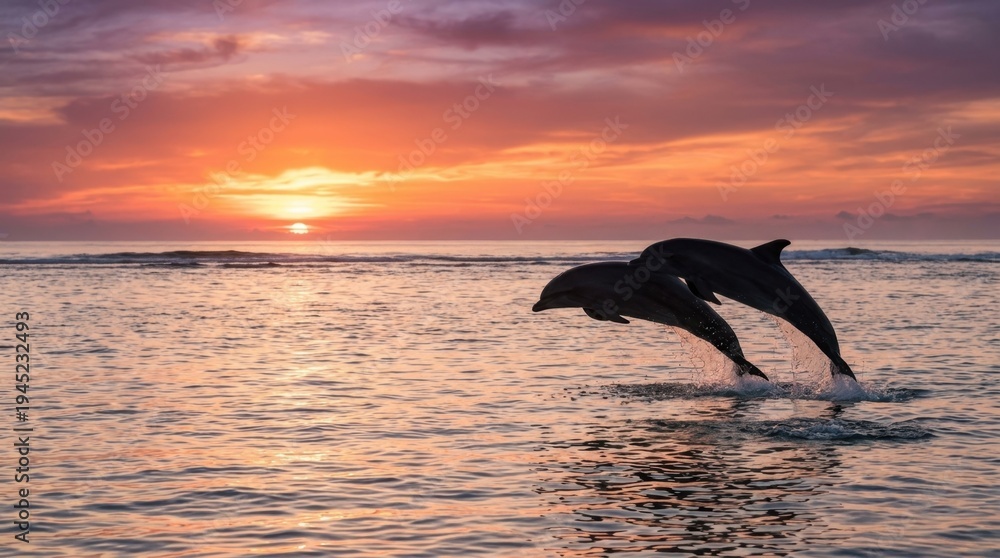Fototapeta premium Dolphins Jumping at Sunset