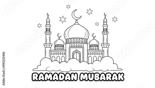 Ramadan Mubarak Mosque and Crescent Moon Coloring Page for Festive Islamic Celebrations and Greeting Cards
