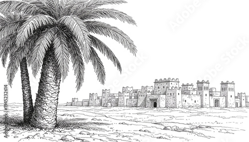 Ancient Desert City Oasis with Palm Trees for Travel, History, and Adventure Marketing