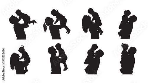 Set of 8 black silhouettes of parents holding children