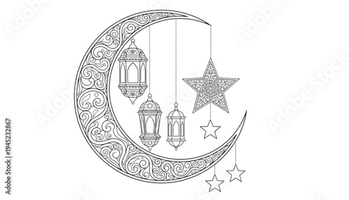 Ramadan Crescent Moon Lanterns Stars Festive Islamic Holiday Celebration Design for Greeting Cards and Social Media Posts