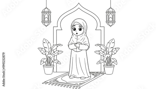 Muslim Girl Praying on Prayer Mat, Ramadan Celebration, Islamic Culture, Peaceful Devotion, Family Faith, Eid Mubarak, Moslem