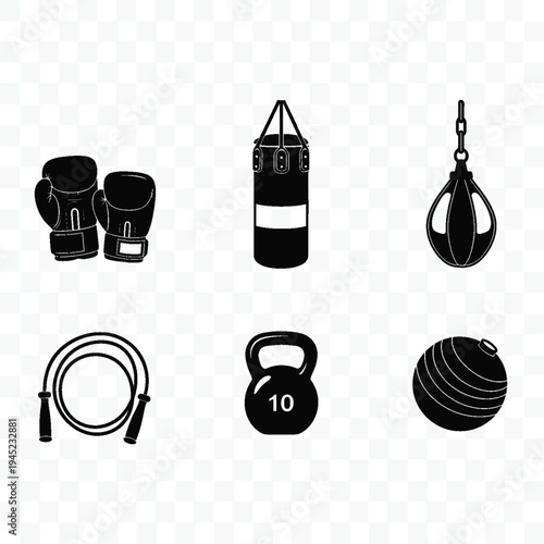 A collection of boxing and fitness equipment