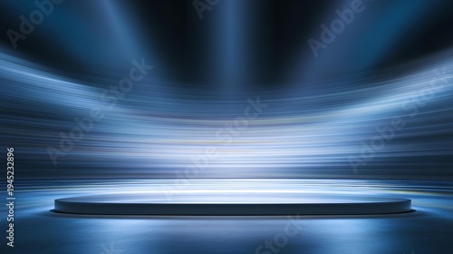 Illuminated Platform: An empty, circular stage is dramatically illuminated by streaks of bright, ethereal light, perfect for showcasing a product or concept.