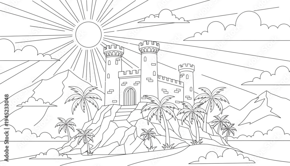 Fototapeta premium Magical Fantasy Castle on Tropical Mountain Island with Palm Trees and Bright Sun. Kids Coloring Page for Adventure.