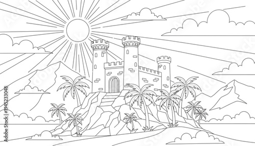 Magical Fantasy Castle on Tropical Mountain Island with Palm Trees and Bright Sun. Kids Coloring Page for Adventure.
