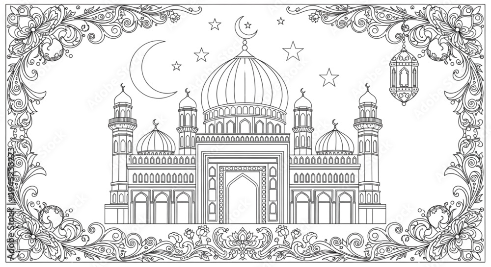 Obraz premium Ramadan Eid Mubarak Coloring Page with Intricate Mosque Crescent Moon Stars and Ornate Islamic Border for Celebration Design