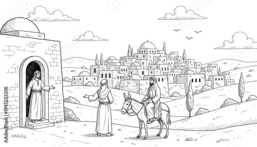 Ancient Middle Eastern Traveler Arriving at a Village Home on a Donkey, Greeted by a Host, Historical Biblical Illustration