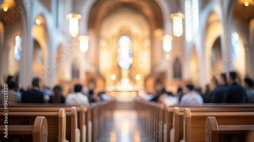 Blurred background of the interior of a Catholic church, parishioners in pews, Sunday service, Christian faith, religious architecture, nave, altar, stained glass windows, out-of-focus photo, bokeh