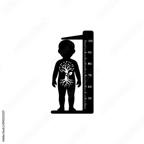 black white symbol merging a growing child silhouette with a strong root system or height chart, representing early childhood nutrition, growth development, and the prevention of chronic malnutrition