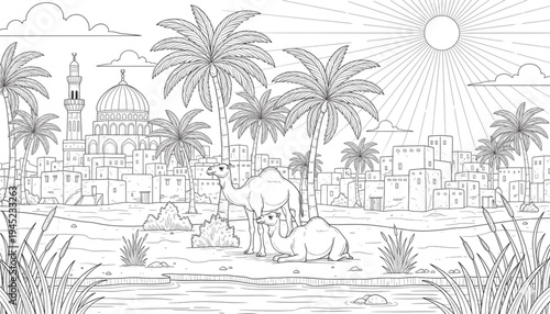 Ramadan Coloring Page Desert City with Camels Mosque and Palm Trees Islamic Culture Outline