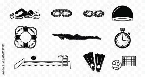 Collection of black and white swimming and volleyball icons