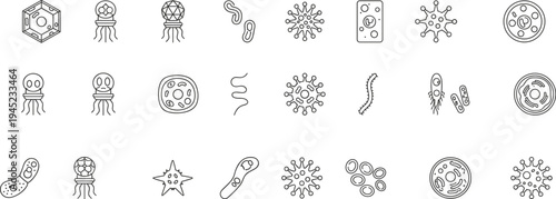 microbe bacteria virus icons set microorganism germ cell biology pathogen microbe shape virus particle petri dish vector line illustration collection