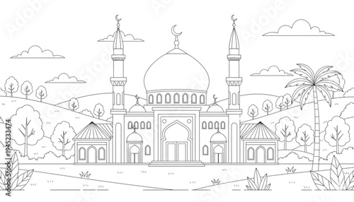 Islamic Mosque Line Art Coloring Page for Kids. Peaceful Architecture Outline with Hills and Trees. Ramadan Eid
