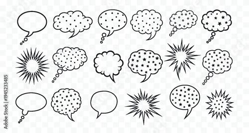 A collection of comic speech bubbles and thought clouds