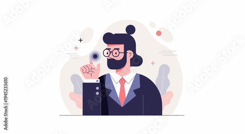 Modern man in suit touching a glowing circle, abstract background elements