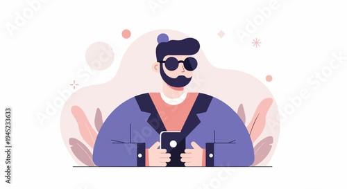 Modern man with beard and sunglasses holding smartphone, surrounded by pastel shapes and leaves