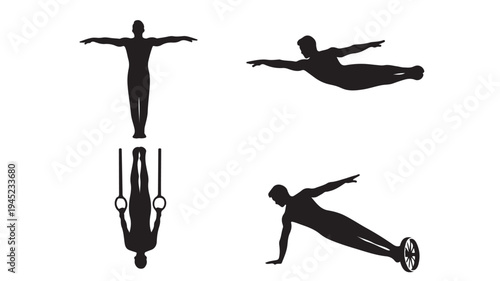 Set of 4 fitness icons vector, black silhouettes