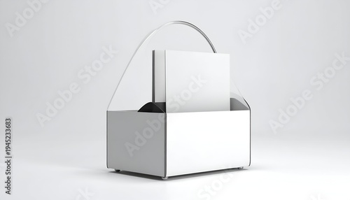 White minimalist carrier with a rounded handle, holding a blank square card and box