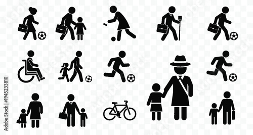 A collection of black and white icons depicting people engaging in various activities