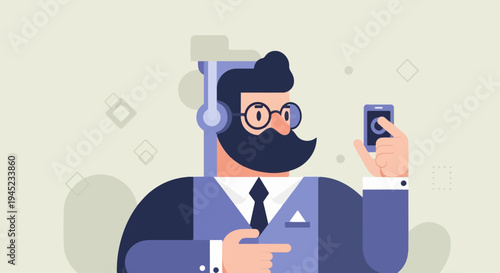 Hipster man with beard, glasses, and headphones holding smartphone
