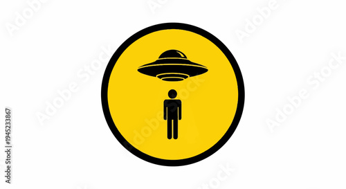 Icon of a person standing under a flying saucer on a yellow circle