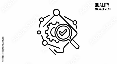 Icon representing quality management with gears, magnifying glass, and network