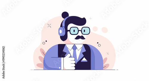 Illustrated man with headphones and mustache gives a thumbs up approval