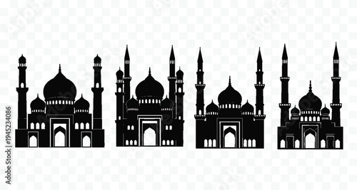 A set of mosque silhouettes on a transparent background