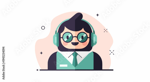 Friendly cartoon character wearing headphones and glasses with a tie