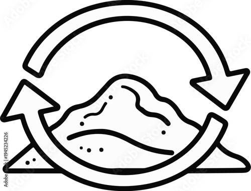 Circular arrows frame a pile of contoured dirt mounds