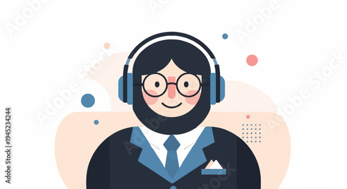 Friendly cartoon person wearing headphones and a suit, ready to assist