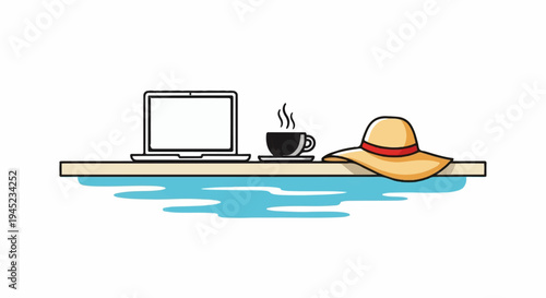 Laptop and hat rest by poolside with steaming coffee