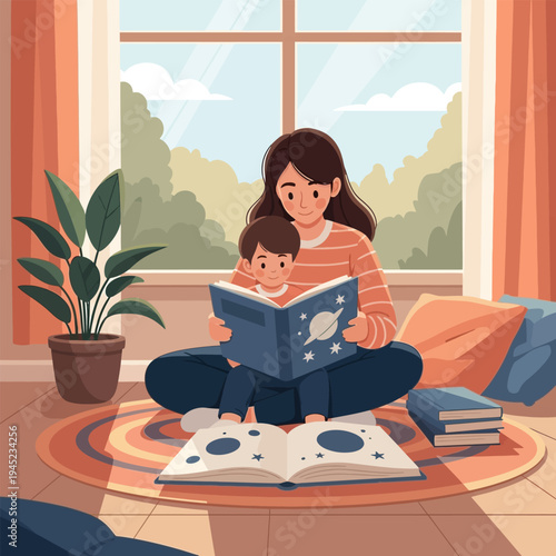 Woman and child read a book with a planet decor at home