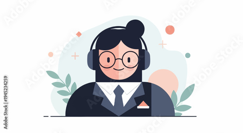 Friendly cartoon person wearing headphones and glasses, looking professional