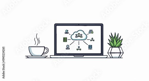 Laptop displaying cloud network diagram with coffee and plant