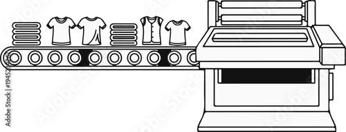 Laundry items on a conveyor belt moving towards an industrial ironing machine