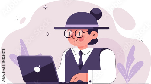Person in hat and glasses works on laptop surrounded by abstract shapes and plants