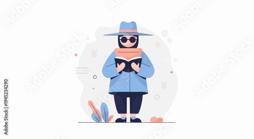 Flat illustration of a person in a hat and coat reading a book