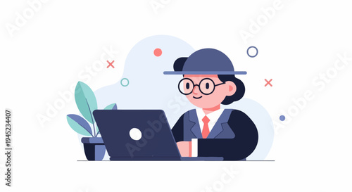 Flat illustration of a person in a suit and hat working on a laptop