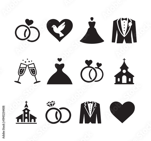 Wedding icon set with solid black silhouettes of rings dresses and groom suits in minimalist style