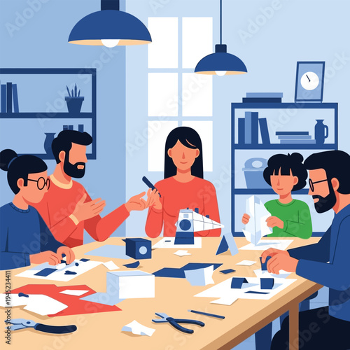 Group people are making creative projects at the table