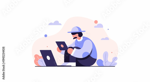 Person in hat using laptop and tablet amidst abstract shapes and clouds